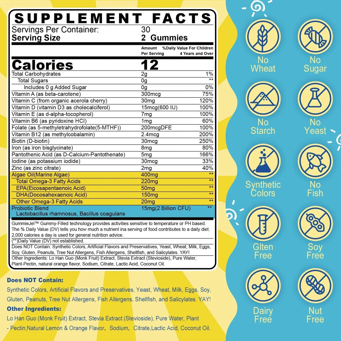 Kids Multivitamin Gummies with Iron, Sugar Free, Kids Daily Vitamins + Probiotics, Algae Omega 3 (EPA/DHA), A, C, D, Methyl B12, Folate, B6, Zinc, Biotin Nextdia