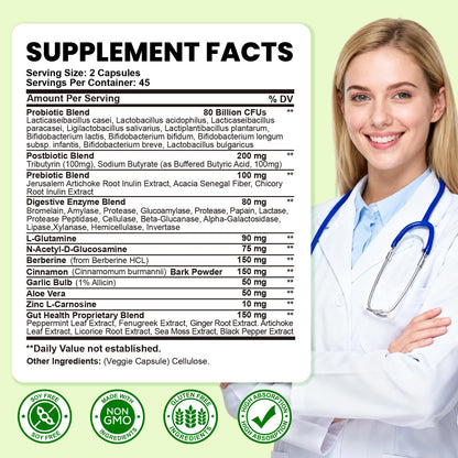 SEPT YAN Gut Health Supplement with Prebiotics, Postbiotics & Probiotics for Digestive Health for Women & Men, 80 Billion CFU Probiotics for Gut and Digestion