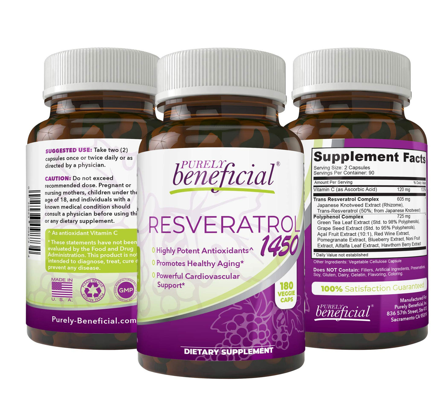 PURELY beneficial RESVERATROL1450-90day Supply, 1450mg per Serving of Potent Antioxidants & Trans-Resveratrol, Promotes Anti-Aging