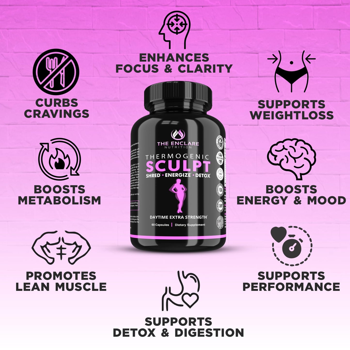 Thermogenic  Appetite Suppressant,  Supplement for Women & Men, Metabolism, Energy, Focus, Brain, Caffeine Pills with Chromium, Green Tea Extract, L Theanine, Sculpt 60 Capsules