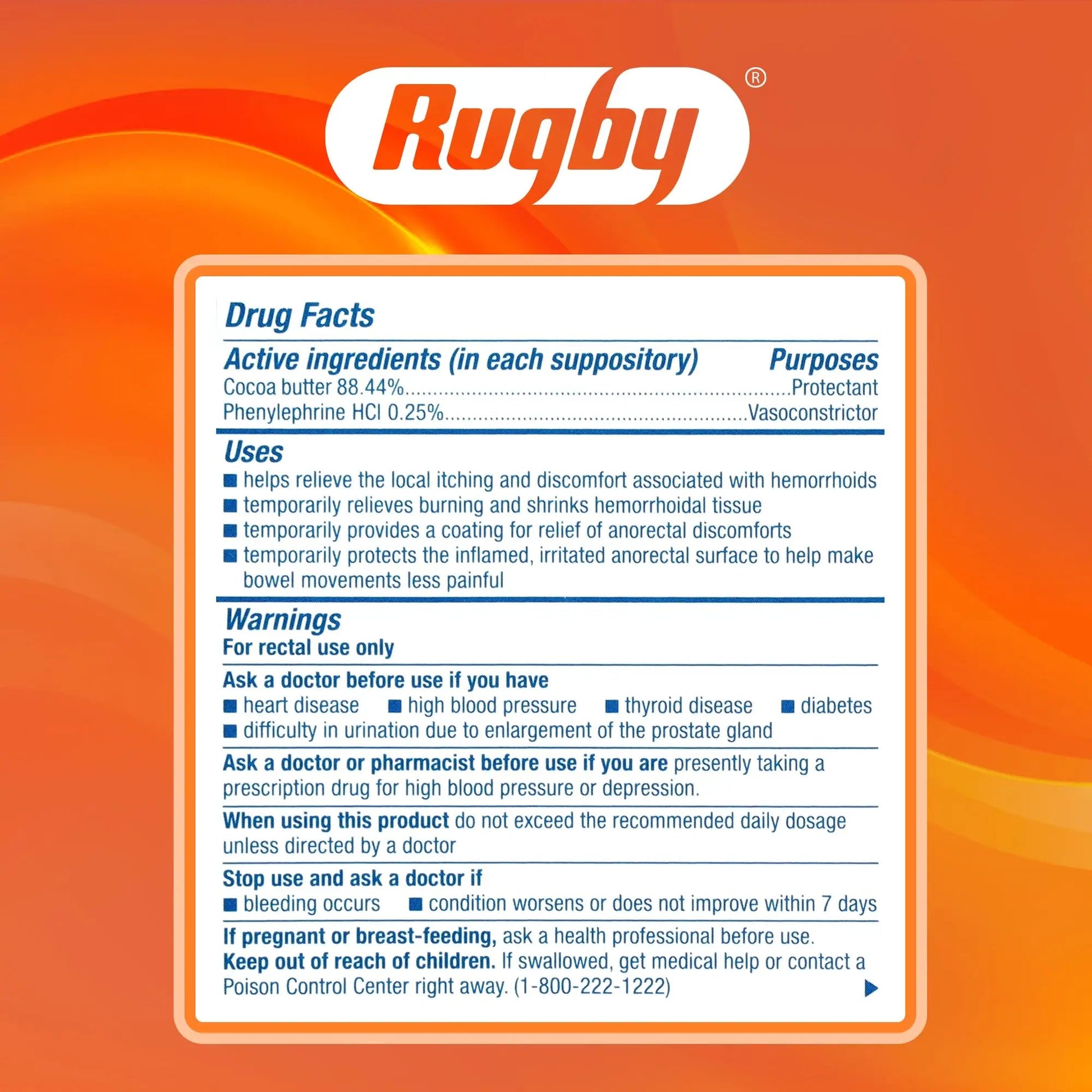 Rugby Hemorrhoidal Suppositories - Soothing and Shrinking Action for Internal Hemorrhoids with Cocoa Butter and Phenylephrine HCl, Easy Open Design - 12 Count RUGBY LABORATORIESBuy Supplements Australia