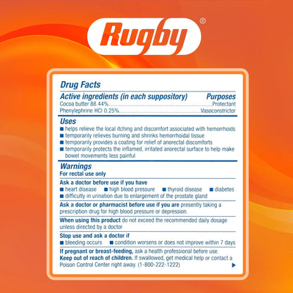 Rugby Hemorrhoidal Suppositories - Soothing and Shrinking Action for Internal Hemorrhoids with Cocoa Butter and Phenylephrine HCl, Easy Open Design - 12 Count RUGBY LABORATORIESBuy Supplements Australia