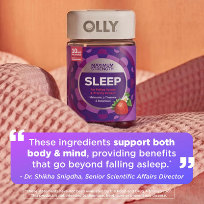 OLLY Max Strength Sleep Gummy, 10mg Melatonin, L-Theanine, Chamomile, Lemon Balm, Sugar Free, Vegetarian Sleep Aid, Strawberry - 70 Count