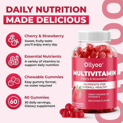 Ollyoo Multivitamin Gummies for Adults | Cherry & Strawberry Flavor | Great Source of Vitamin A & Essential Nutrients | Ollyoo