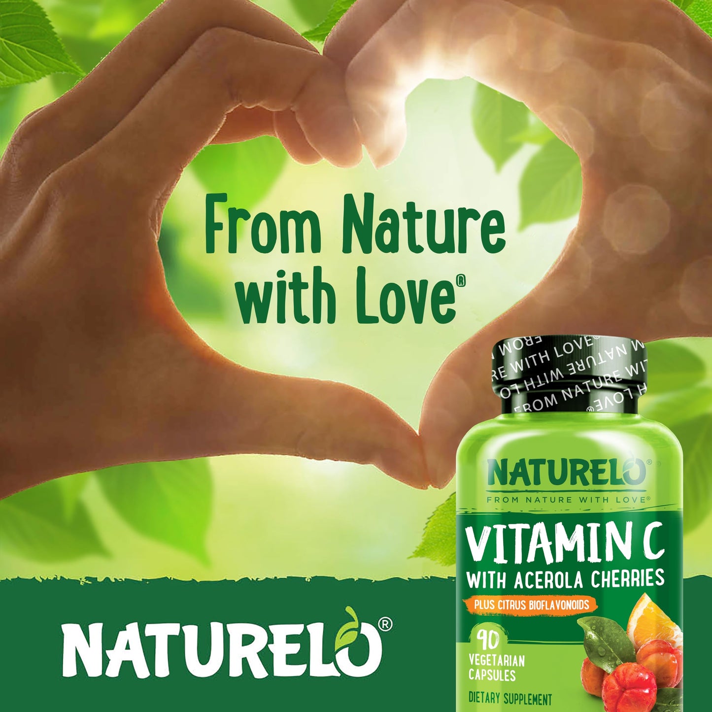 NATURELO Vitamin C with Organic Acerola Cherry Extract and Citrus Bioflavonoids - Vegan Supplement - Immune Support - 500 mg VIT C per Cap