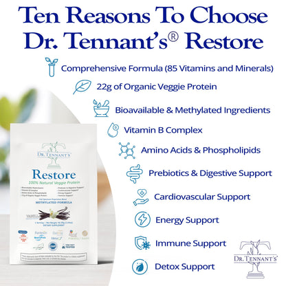 Dr. Tennant's Restore Vanilla Shake | 50+ Methylated Vitamins & Minerals | 23g Vegan Protein | Organic, Gluten-Free | Boosts Energy, Immune & Gut Health | 14-Day All-in-One Supplement Dr. Tennant'sBuy Supplements Australia