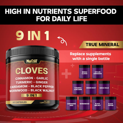 9in1 Clove Supplement Rich in Vitamins & Minerals for Digestive, Immune System, Bone & Heart Health with Cinnamon, Turmeric, Ginger, Cardamom, Garlic, Wormwood, Black Walnut - 60 Capsules - 30 Days NUQIITBuy Supplements Australia