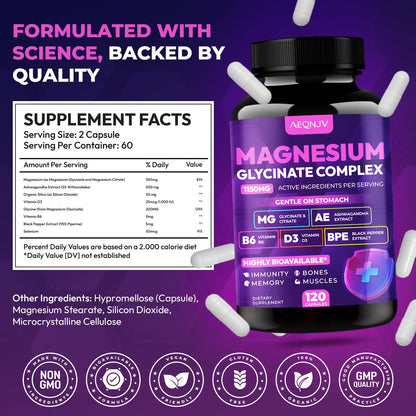 Magnesium Glycinate Complex 1150mg - Gentle on Stomach High Absorption Magnesium Capsules with Citrate, Silica, Ashwagandha & Vitamin B6 for Zzz, Stress Relief, Muscle Support for Adults, Women & Men AEQNJVBuy Supplements Australia