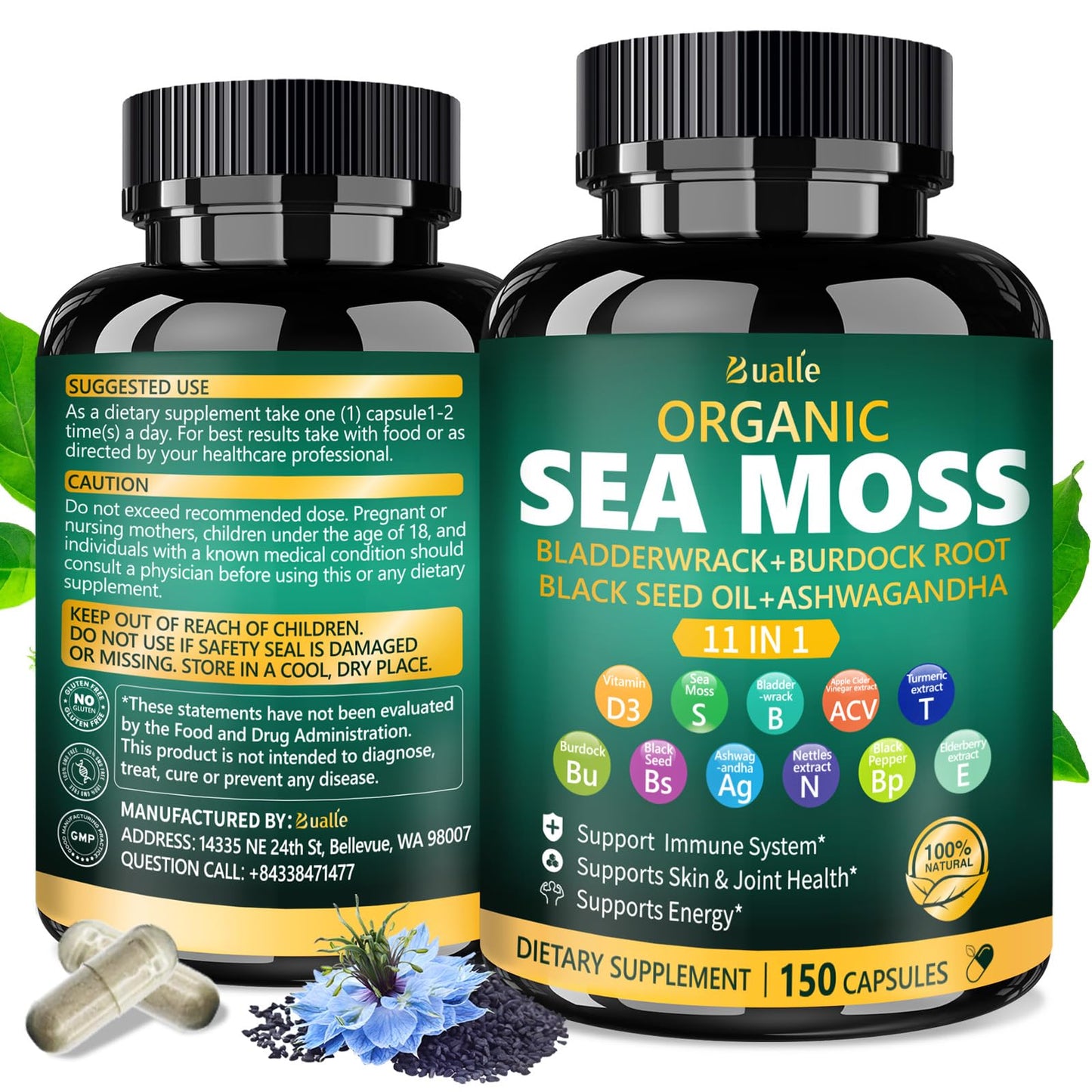 Bualle Irish Sea Moss Capsules – Organic Sea Moss, Black Seed Oil, Ashwagandha Supplements with Bladderwrack, Ginger & Burdock Root – Supports Daily Wellness, Skin & Energy – 150 Count (1 Pack) Bualle buy supplements Au