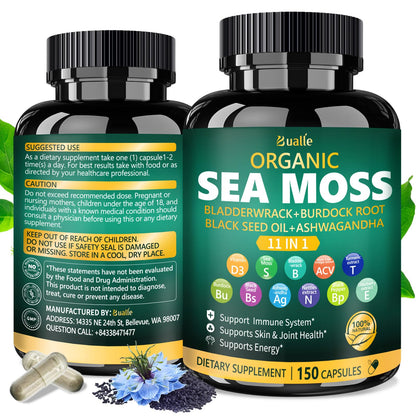 Bualle Irish Sea Moss Capsules – Organic Sea Moss, Black Seed Oil, Ashwagandha Supplements with Bladderwrack, Ginger & Burdock Root – Supports Daily Wellness, Skin & Energy – 150 Count (1 Pack) Bualle buy supplements Au