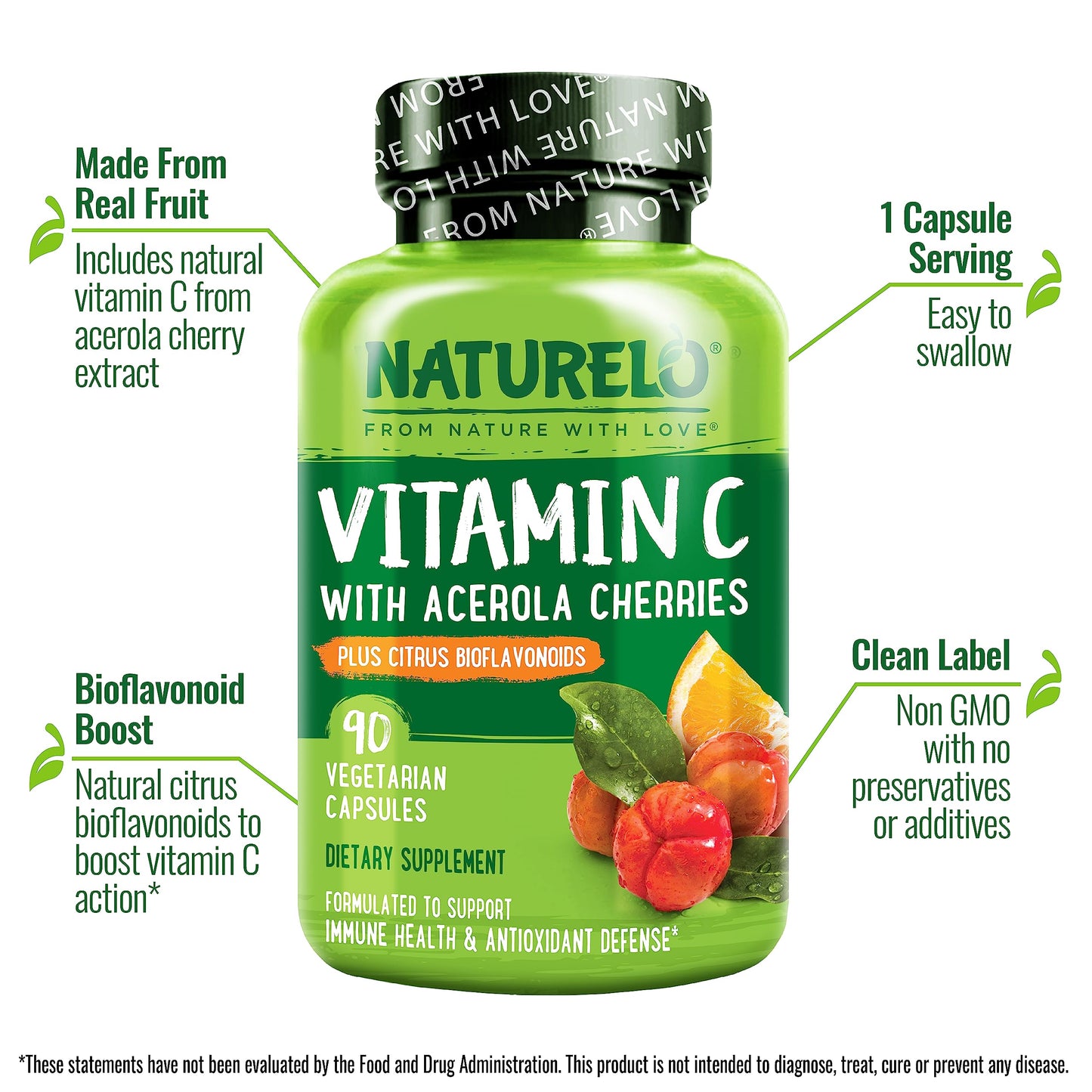 NATURELO Vitamin C with Organic Acerola Cherry Extract and Citrus Bioflavonoids - Vegan Supplement - Immune Support - 500 mg VIT C per Cap