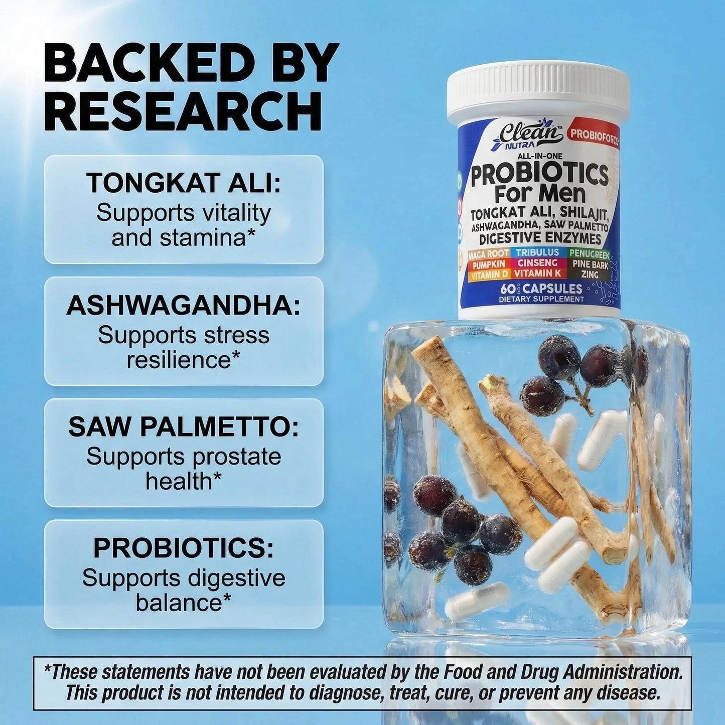 Clean Nutra Probiotics for Men | Tongkat Ali, Saw Palmetto, Tribulus, Ginseng, Ashwagandha, Maca, Pumpkin, Gingko Biloba, Pine Bark, Fenugreek, Shilajit, Zinc - Mens Probiotic 60 Capsules Clean NutraceuticalsBuy Supplements Australia