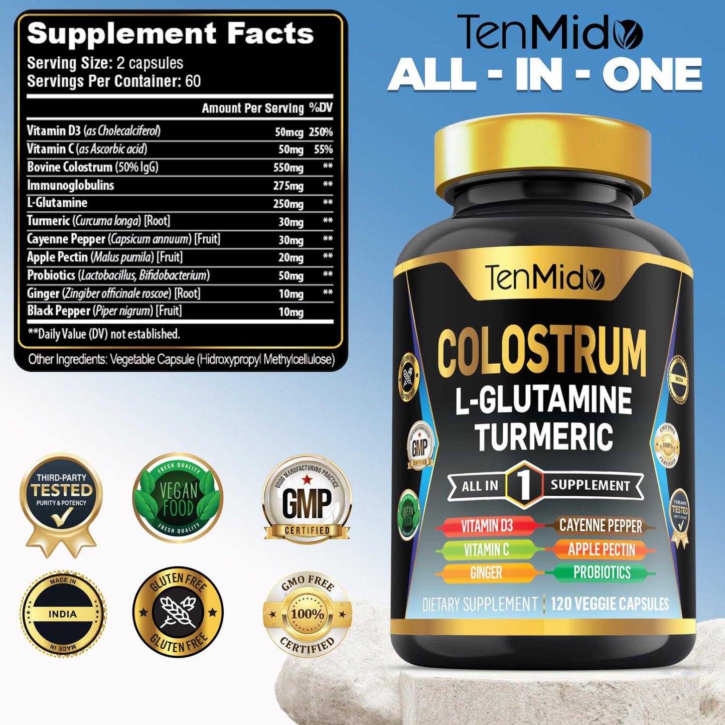 Tenmido Colostrum Supplement - 10in1 Formula - Combine with L- Glutamine, Turmeric, Cayenne Pepper, Apple Pectin, Probiotics, Ginger, and More - Digestive Health, Immune Support - 120 Capsules TenmidoBuy Supplements Australia