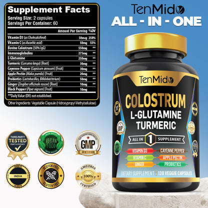 Tenmido Colostrum Supplement - 10in1 Formula - Combine with L- Glutamine, Turmeric, Cayenne Pepper, Apple Pectin, Probiotics, Ginger, and More - Digestive Health, Immune Support - 120 Capsules TenmidoBuy Supplements Australia