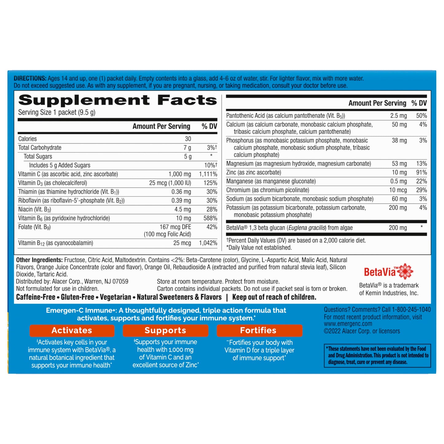 Emergen-C Immune+ Triple Action Immune Support Powder, BetaVia (R), 1000mg Vitamin C, B Vitamins, Vitamin D and Antioxidants