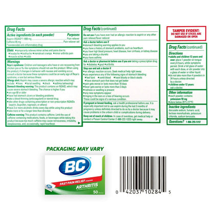 BC Powder Arthritis Pain Reliever, Aspirin Dissolve Packs, 50 Count Powder Packets BCBuy Supplements Australia