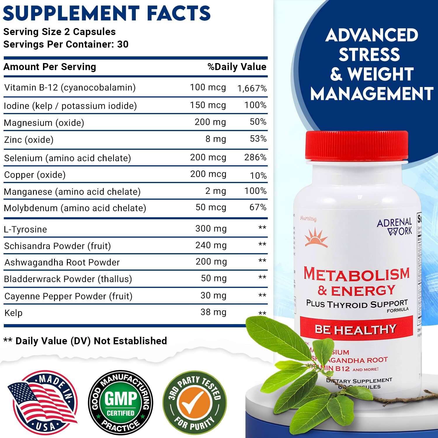 Adrenalwork Adrenal Support Supplement - Organic Ashwagandha Capsules for Stress Relief, Calm Energy & Focus - Adaptogen Blend with Rhodiola & Holy Basil - Men & Women - 60 Capsules AdrenalworkBuy Supplements Australia