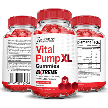 Three bottles of Justified Laboratories Vital Pump XL Gummies Extreme on a white background
