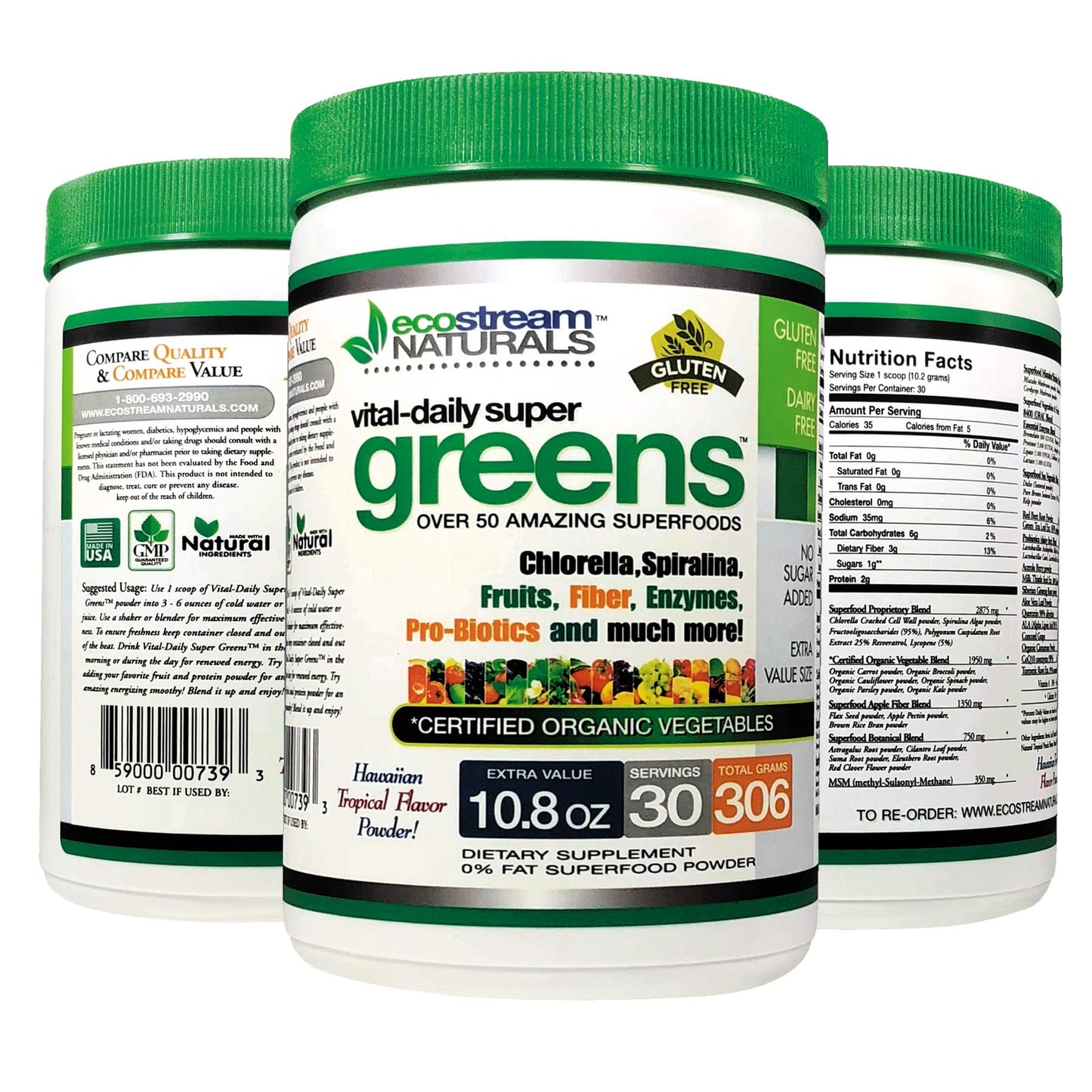 EcoStream Naturals vital-daily super greens supplement container on a white background