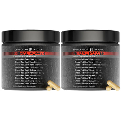 Two containers of Primal Power supplement with capsules on a white background