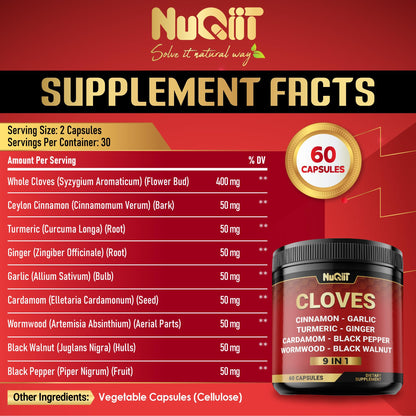 9in1 Clove Supplement Rich in Vitamins & Minerals for Digestive, Immune System, Bone & Heart Health with Cinnamon, Turmeric, Ginger, Cardamom, Garlic, Wormwood, Black Walnut - 60 Capsules - 30 Days NUQIITBuy Supplements Australia