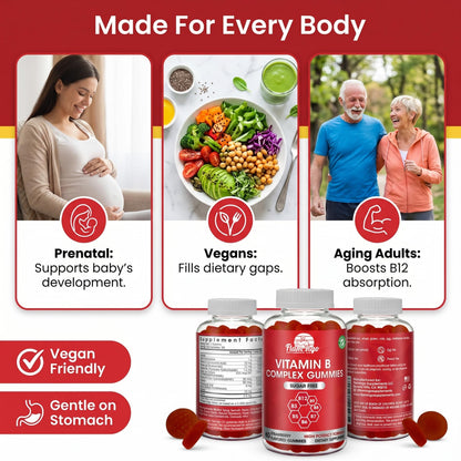 Sugar Free Vitamin B Complex Gummies - Vitamin B12, B7, B6, B3 (Niacin), B5, B8, B9 (Folate)- Third Party Tested- Prenatal, Vegan Diet, Older Adults