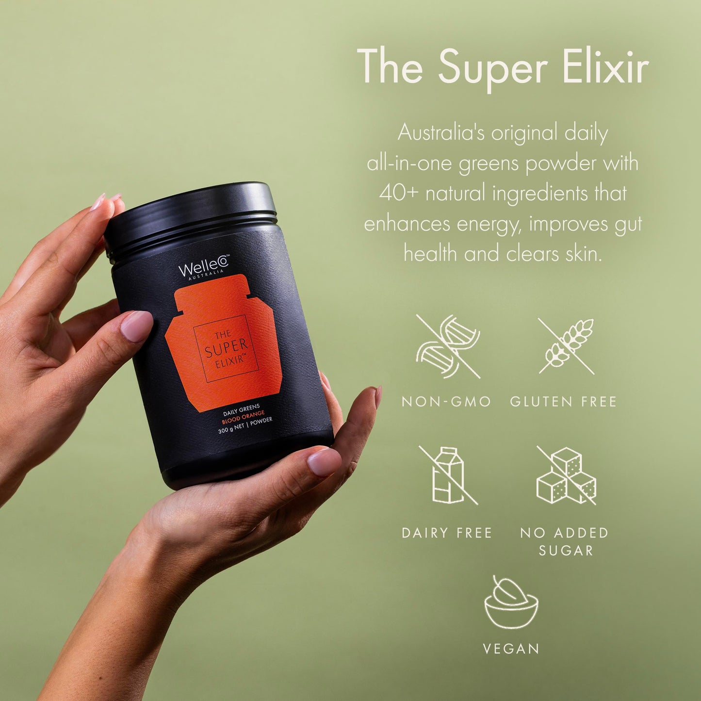 WelleCo The Super Elixir Daily Greens Powder, Probiotic Drink Mix with Whole Foods, Gluten Free, Vegan Gut Health Powder, Energy, Immunity, Healthy Skin, Hair & Nails (Jar, Blood Orange) WelleCo buy supplements Au