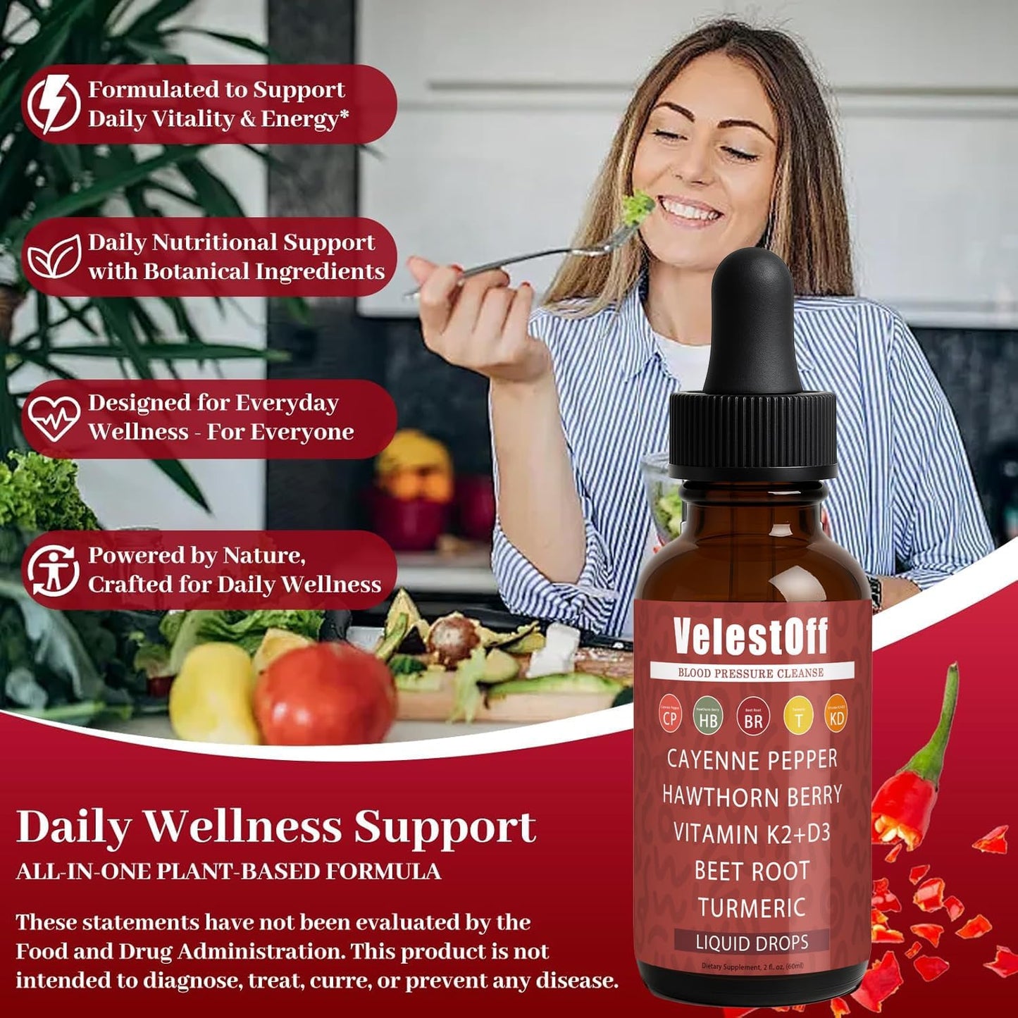 Velestoff Cayenne Pepper | Cayenne Heart & Circulation Blend – Botanical Extracts with Hawthorn, Beet Root, Turmeric, Vitamin K2 & D3 – Daily Wellness Drops (2 fl oz) (2) DFTLUUE buy supplements Au