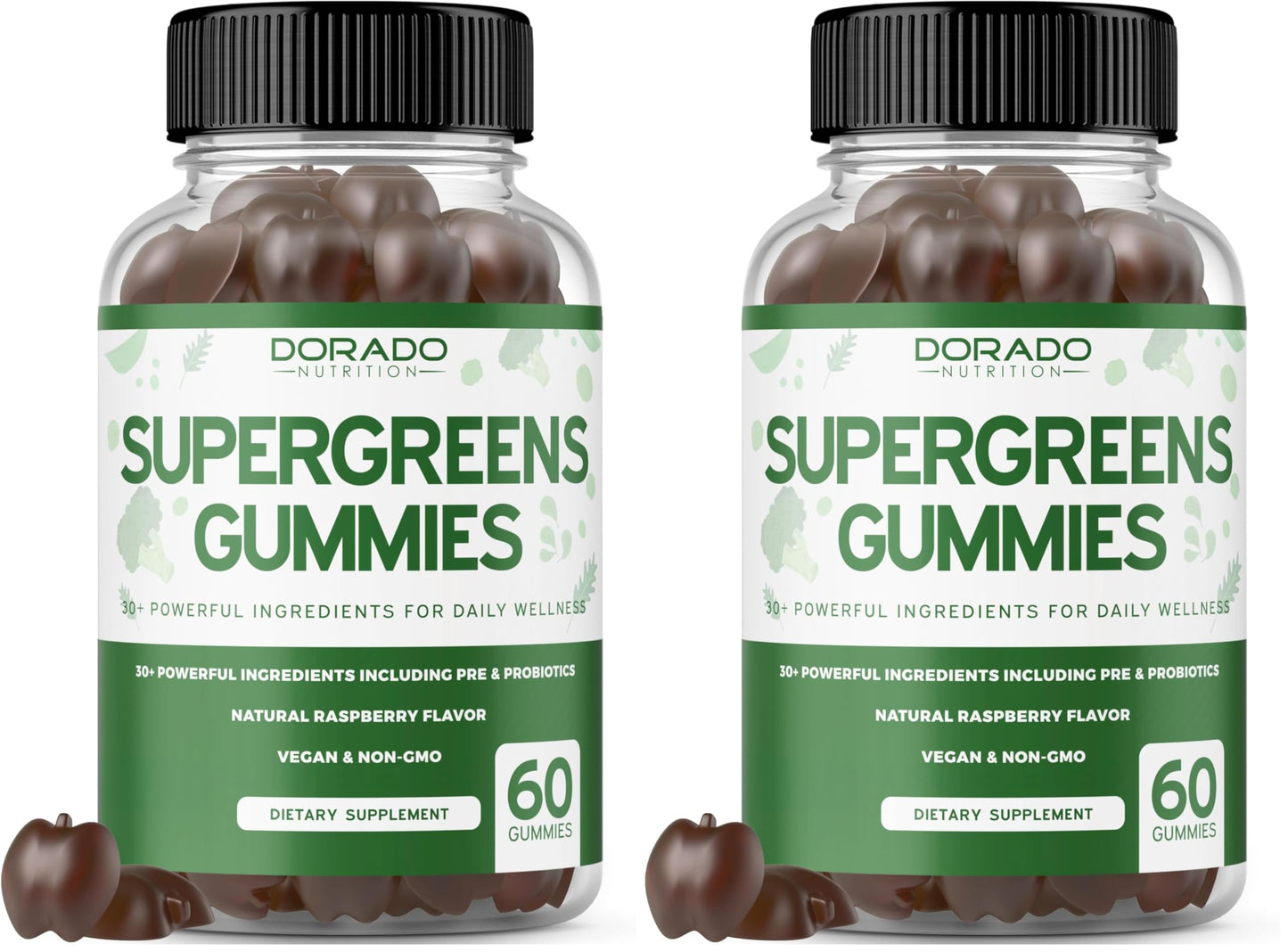 Two bottles of Dorado Naturals Supergreens Gummies on a white background