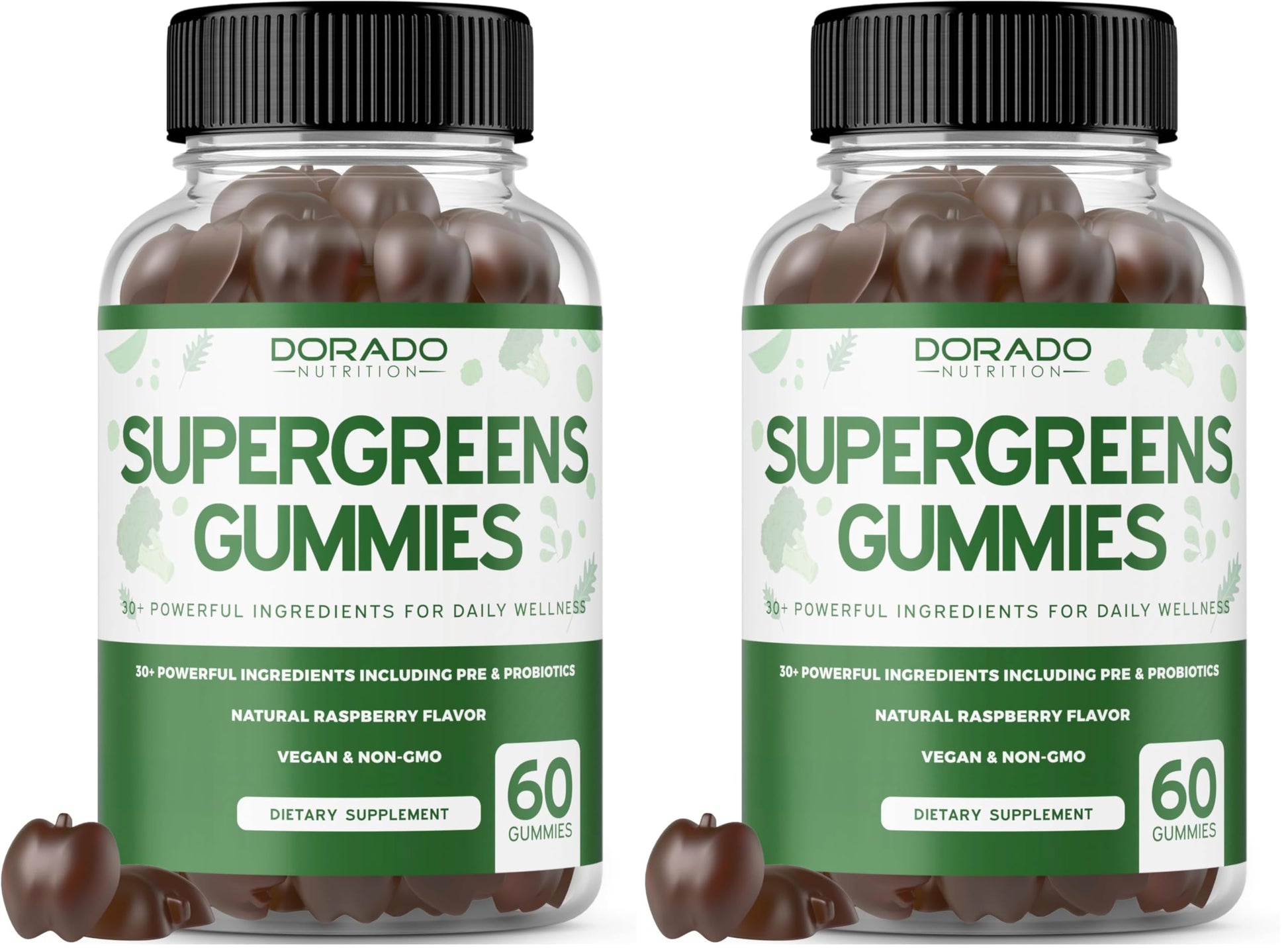 Two bottles of Dorado Naturals Supergreens Gummies on a white background