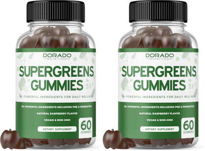 Two bottles of Dorado Naturals Supergreens Gummies on a white background