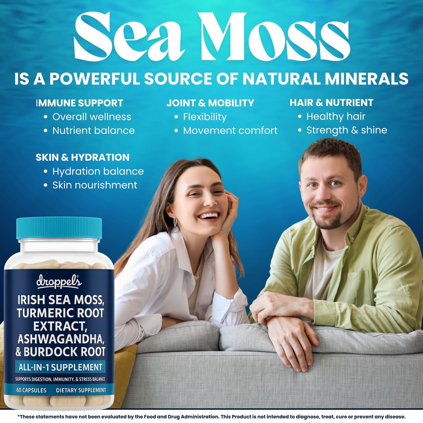 Droppels Irish Sea Moss Capsules with Turmeric Root, Ashwagandha, Black Pepper & Burdock Root – Natural Mineral Blend for Immune, Digestion, Joint & Energy Support – Vegan, Non-GMO – 60 Capsules Droppels buy supplements Au