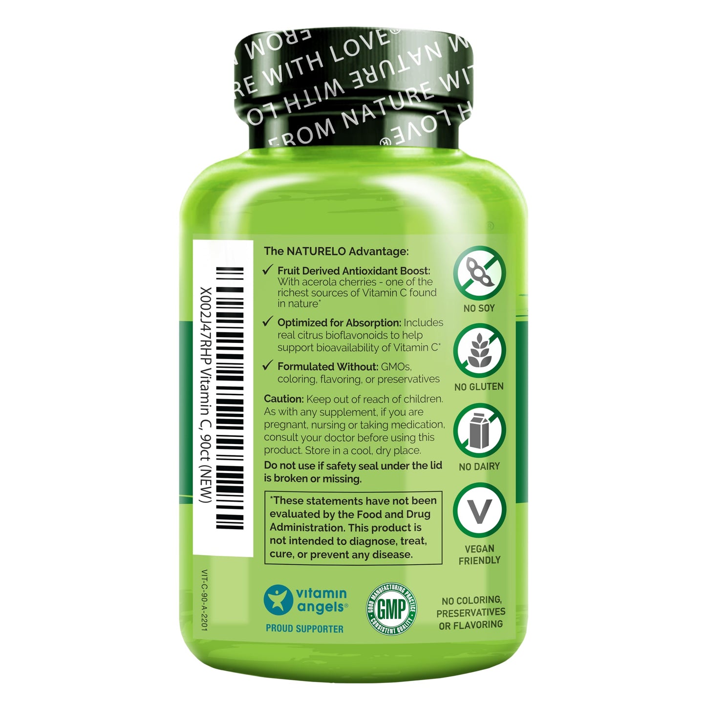 NATURELO Vitamin C with Organic Acerola Cherry Extract and Citrus Bioflavonoids - Vegan Supplement - Immune Support - 500 mg VIT C per Cap
