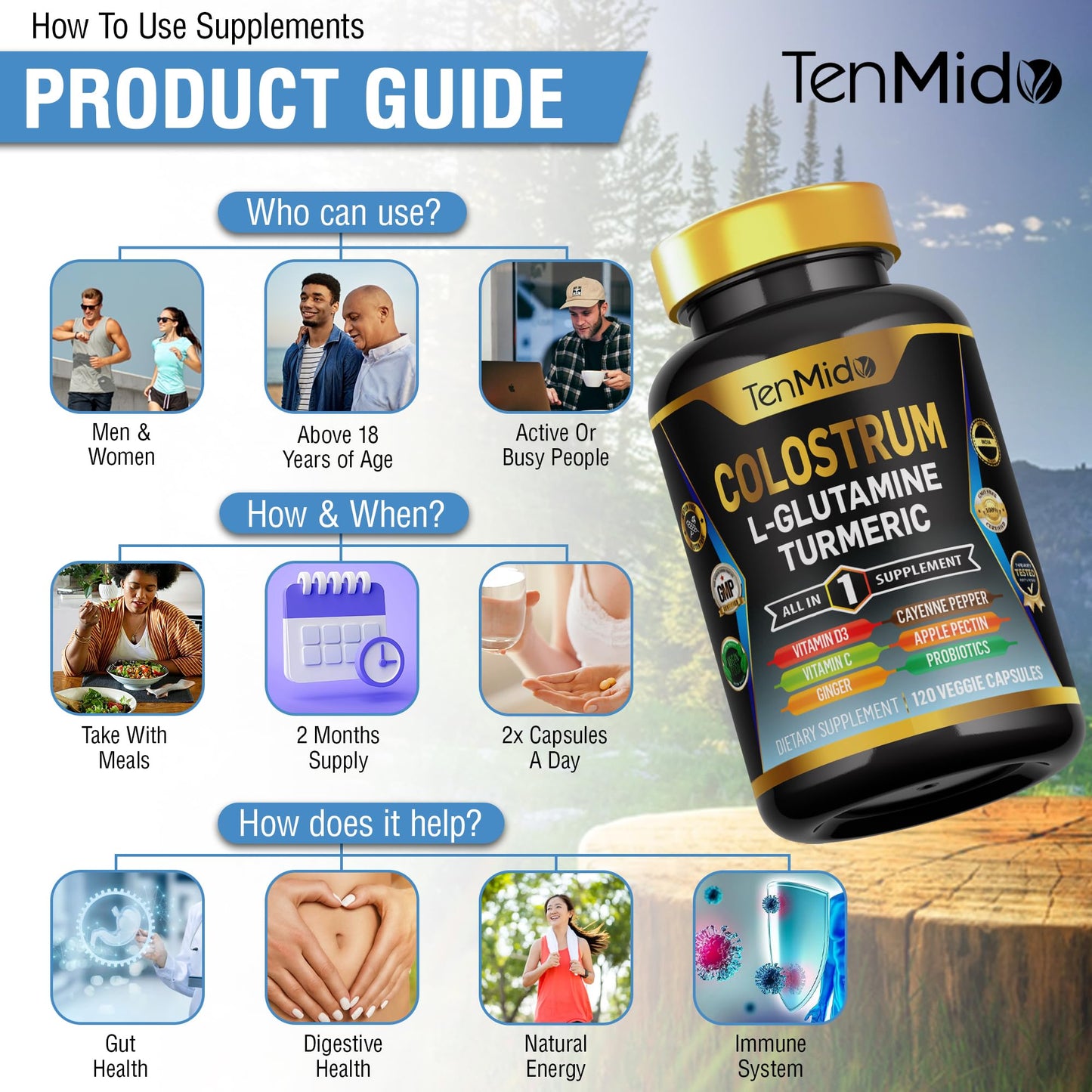 Tenmido Colostrum Supplement - 10in1 Formula - Combine with L- Glutamine, Turmeric, Cayenne Pepper, Apple Pectin, Probiotics, Ginger, and More - Digestive Health, Immune Support - 120 Capsules TenmidoBuy Supplements Australia