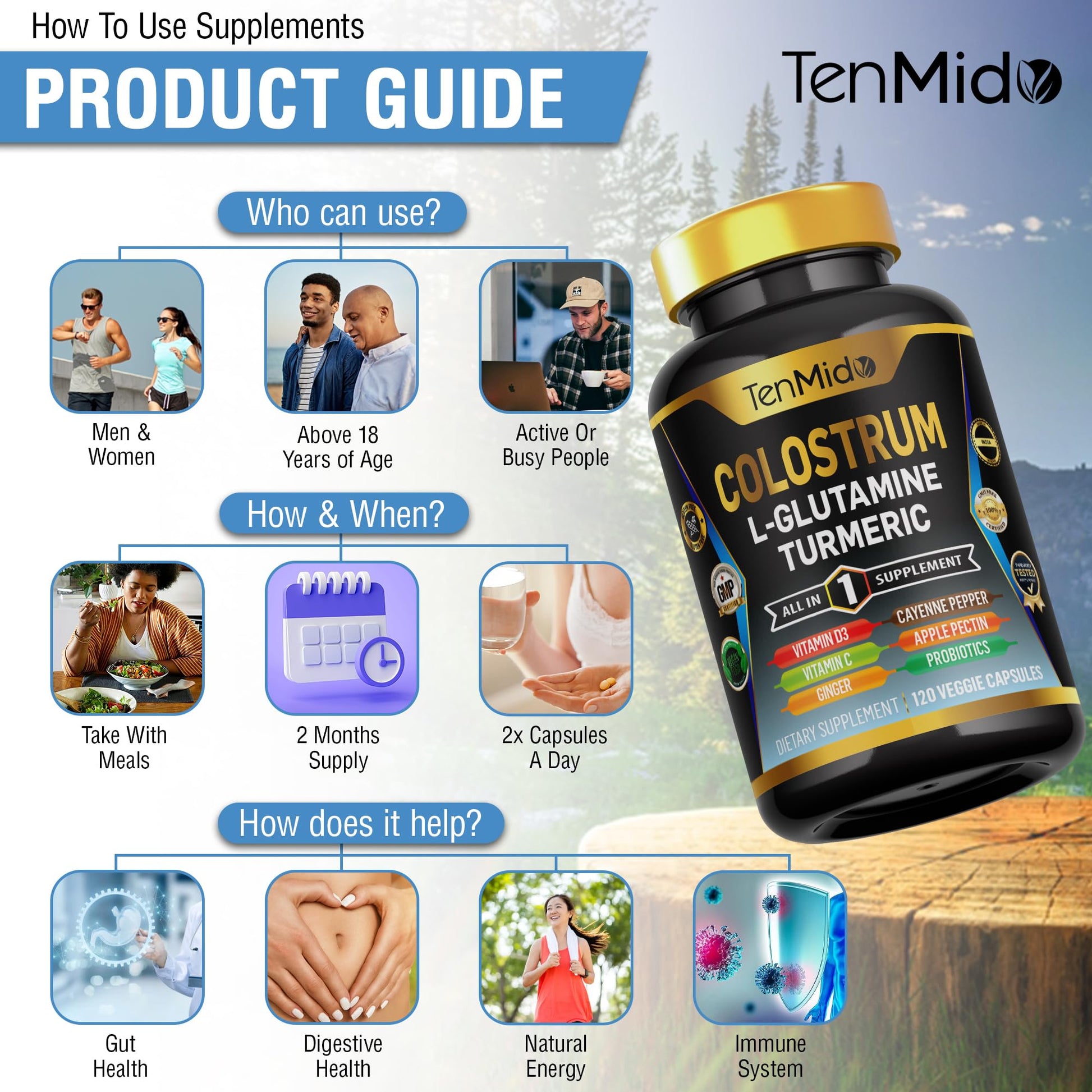 Tenmido Colostrum Supplement - 10in1 Formula - Combine with L- Glutamine, Turmeric, Cayenne Pepper, Apple Pectin, Probiotics, Ginger, and More - Digestive Health, Immune Support - 120 Capsules TenmidoBuy Supplements Australia