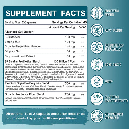 Probiotics for Women-Men Digestive Health with 120 Billion CFUs, Prebiotics and Probiotics for Women-Men, Digestive Enzymes, Nutrient Absorption, Immune Support