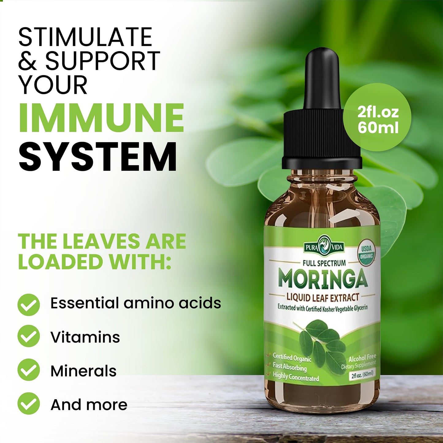 PURA VIDA MORINGA Leaf Extract Liquid Drops - USDA Organic Certified - Highly Purified, Bioavailable & Faster Absorption than Moringa Powder or Capsules