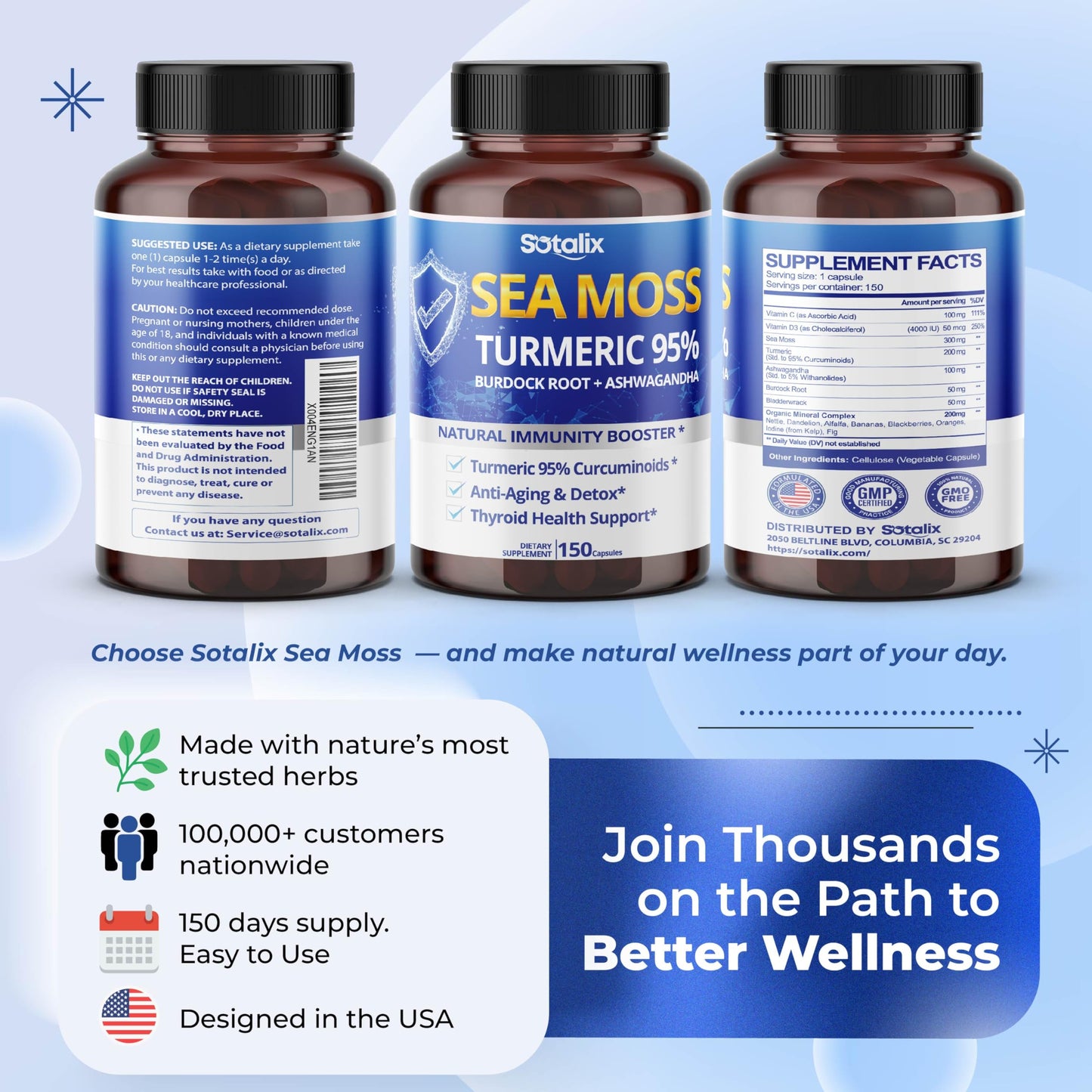 Sotalix Sea Moss Capsule with Ashwagandha, Burdock Root, Bladderwrack, Turmeric - Powerful Natural Immunity Booster (150 Count (Pack of 1)) SOTALIX SUPPLEMENT buy supplements Au