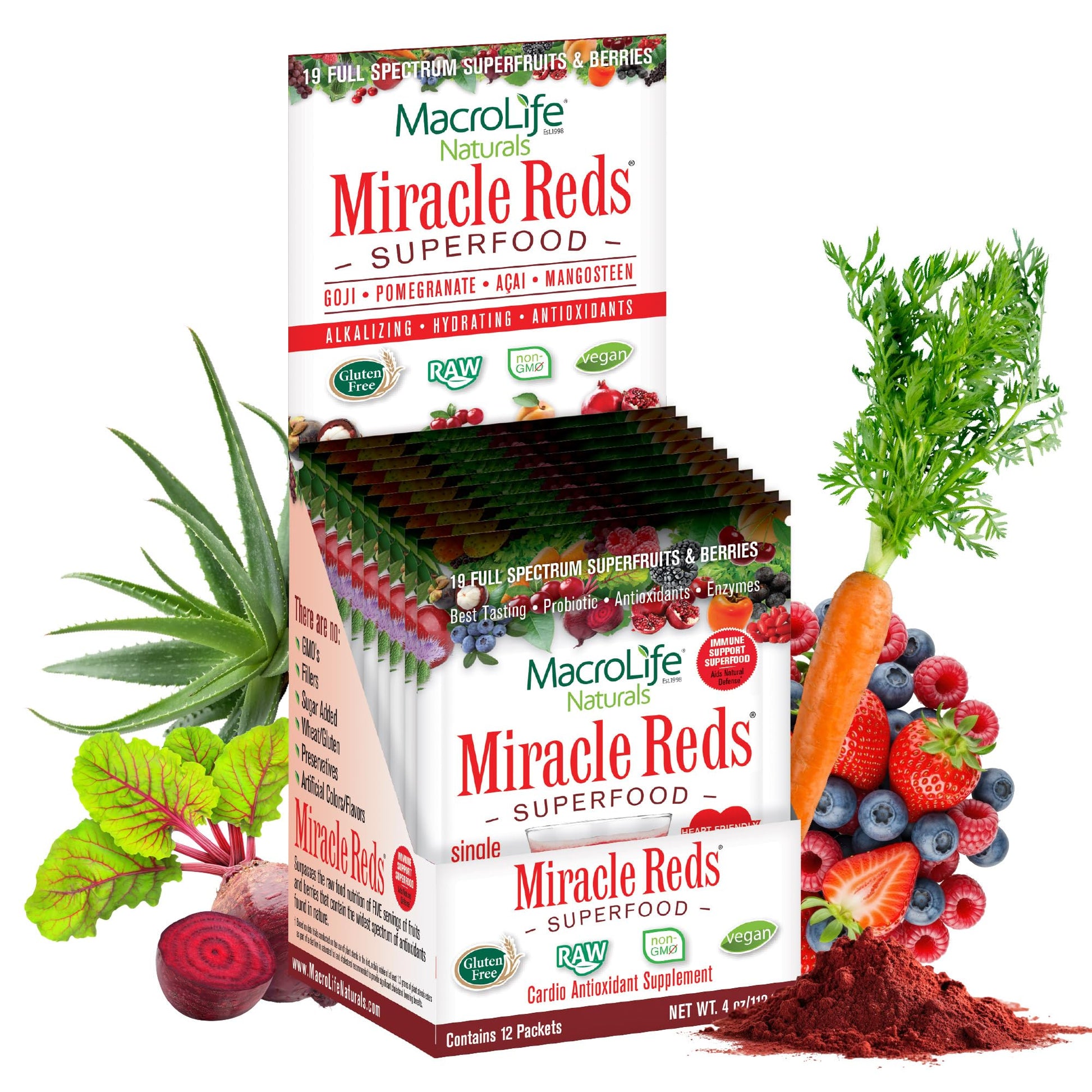 MacroLife Naturals Miracle Reds Superfood Powder 19 Blended Fruit & Berry Polyphenols Enzymes Probiotics & Antioxidants Supplement - Raw Non-GMO & Vegan Whole Food Vitamins - 12 Packet Servings MacroLife NaturalsBuy Supplements Australia