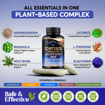 Cortisol Supplement for Women - Holy Basil | Ashwagandha | Rhodiola | L-Theanine - Plant-Based Hormone Balance - Mood, Focus & Sleep Support - Made in USA
