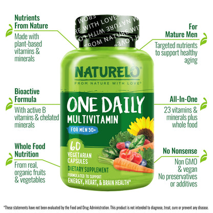 NATURELO Mens Multivitamins for Men 50+ - One Daily Multivitamin for Men with Vitamins, Minerals & Organic Whole Foods, Boost Energy & Health, Non-GMO, 60 Vegetarian Capsules NATURELOBuy Supplements Australia