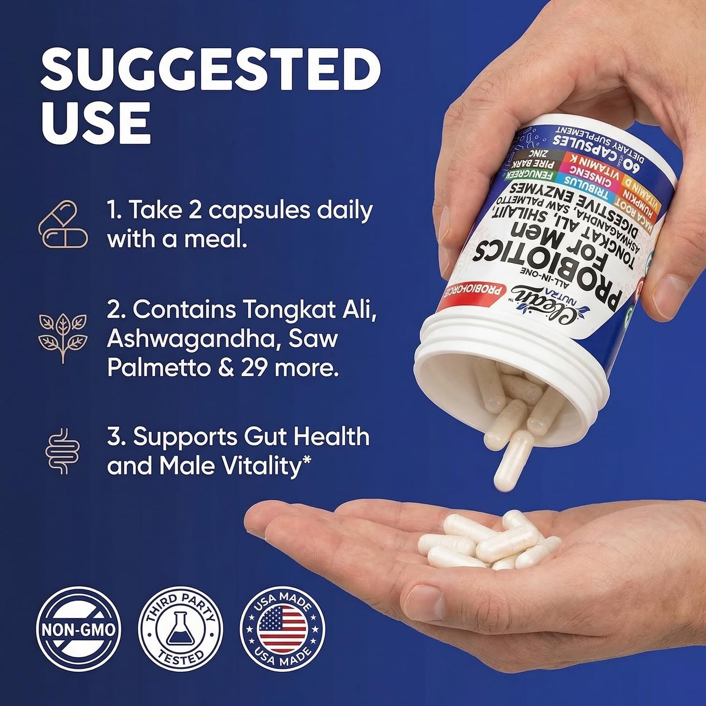 Clean Nutra Probiotics for Men | Tongkat Ali, Saw Palmetto, Tribulus, Ginseng, Ashwagandha, Maca, Pumpkin, Gingko Biloba, Pine Bark, Fenugreek, Shilajit, Zinc - Mens Probiotic 60 Capsules Clean NutraceuticalsBuy Supplements Australia