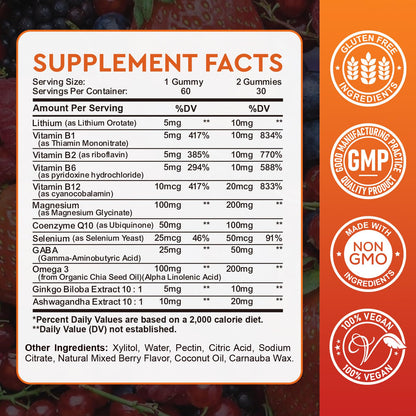 Lithium Orotate 5mg 10mg Gummies Lithium Supplements with Vitamin B, Magnesium & Selenium for Mood Support, Stress Relief, Brain Health, Non-GMO, Vegan, Gluten Free