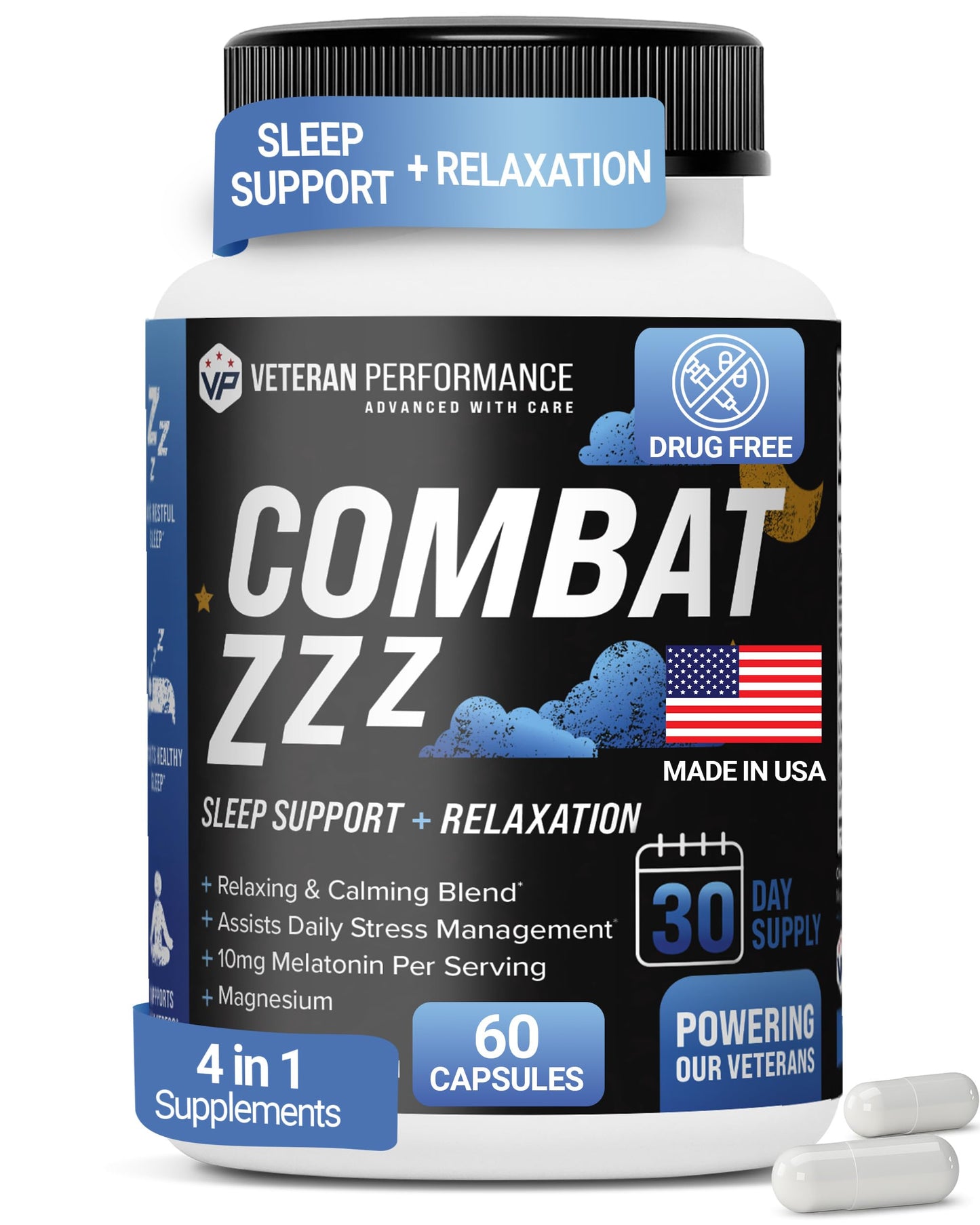 Combat ZZZ supplement bottle with blue and black label on a white background