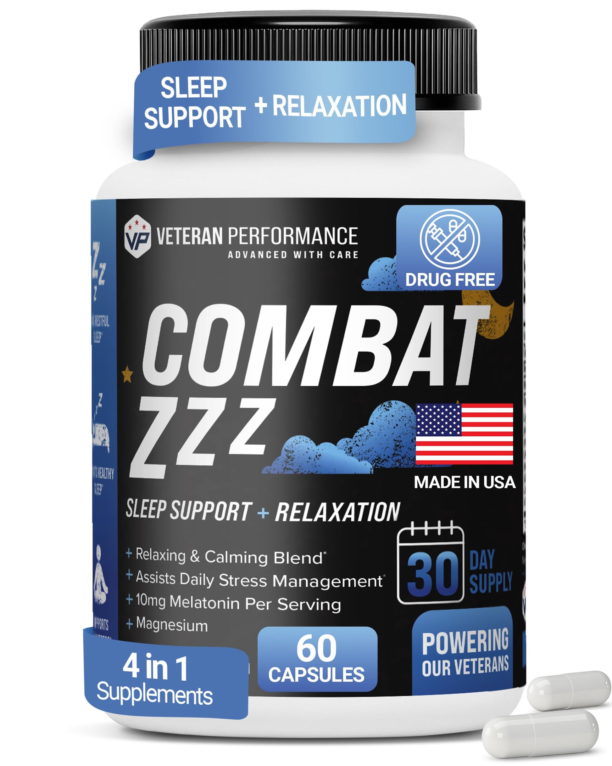 Combat ZZZ supplement bottle with blue and black label on a white background