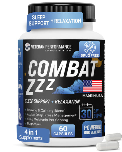 Combat ZZZ supplement bottle with blue and black label on a white background