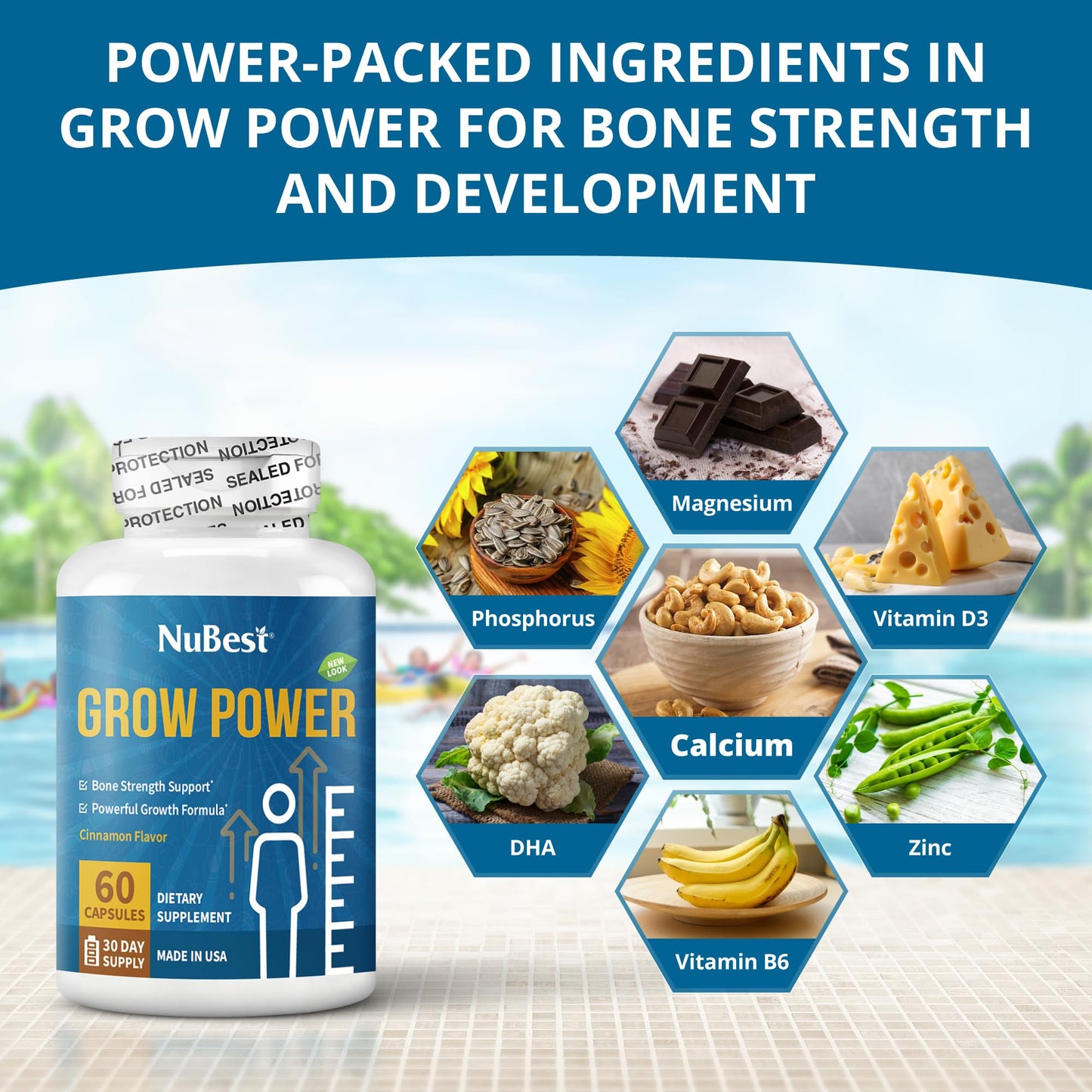 NuBest Grow Power - Calcium Supplement, Magnesium Supplement with Vitamin D3, B6, Zinc, Phosphorus and Multivitamin for Strong Bones, Overall Health for Age 10+ | 60 Capsules | 1 Month Supply NuBestBuy Supplements Australia