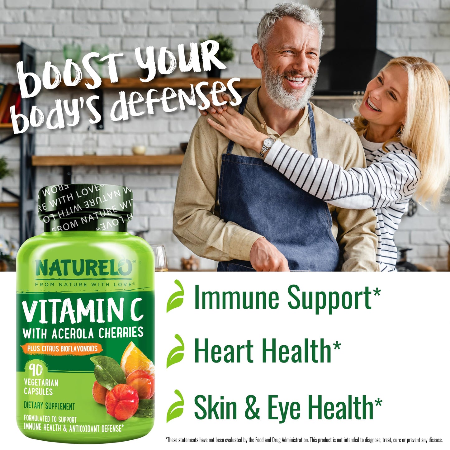 NATURELO Vitamin C with Organic Acerola Cherry Extract and Citrus Bioflavonoids - Vegan Supplement - Immune Support - 500 mg VIT C per Cap