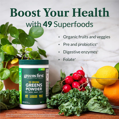 Greens First Original Greens Powder - 49 Superfoods - Organic Fruits & Veggies - Prebiotics, Probiotics & Digestive Enzymes - Antioxidant Smoothie - Dairy Free, Vegan & Non-GMO (Mint, 30 Servings) Greens FirstBuy Supplements Australia